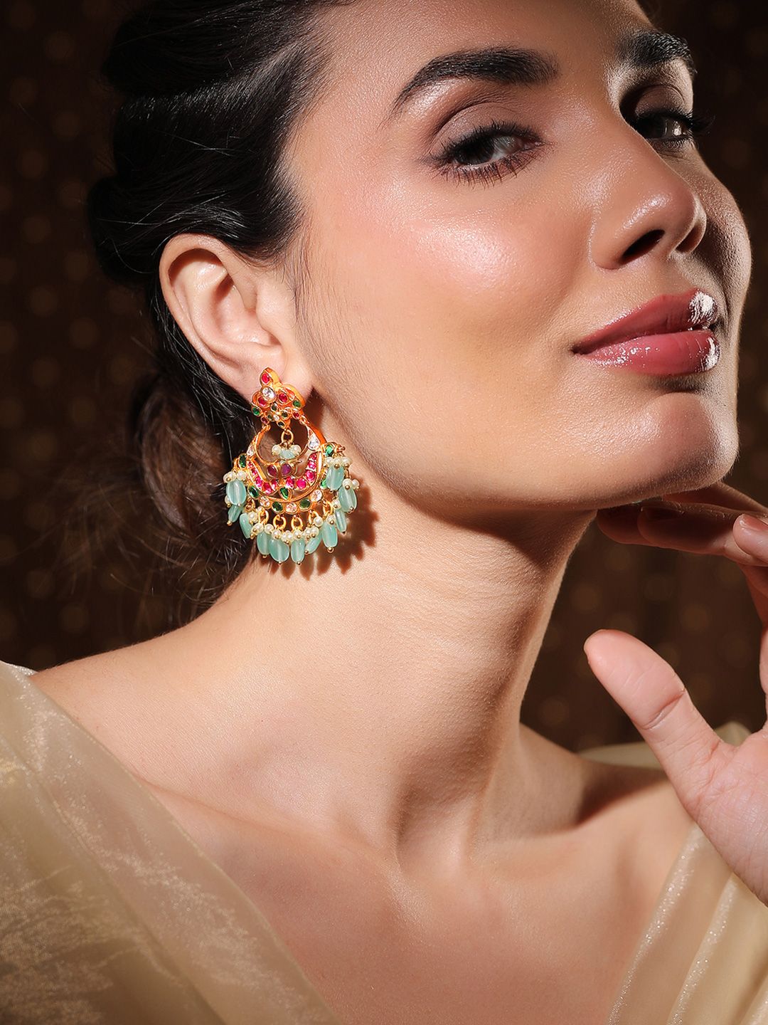 Dhiyona RJ Women's 22K Gold-Plated Ruby & Emerald Stone Studded Mint Green Beaded Chandbali Earrings