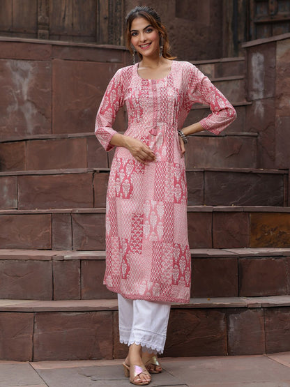 Dhiyona RR Women's Peach-Coloured Ethnic Motifs Printed Sequinned Pure Cotton Kurta with Trousers & With