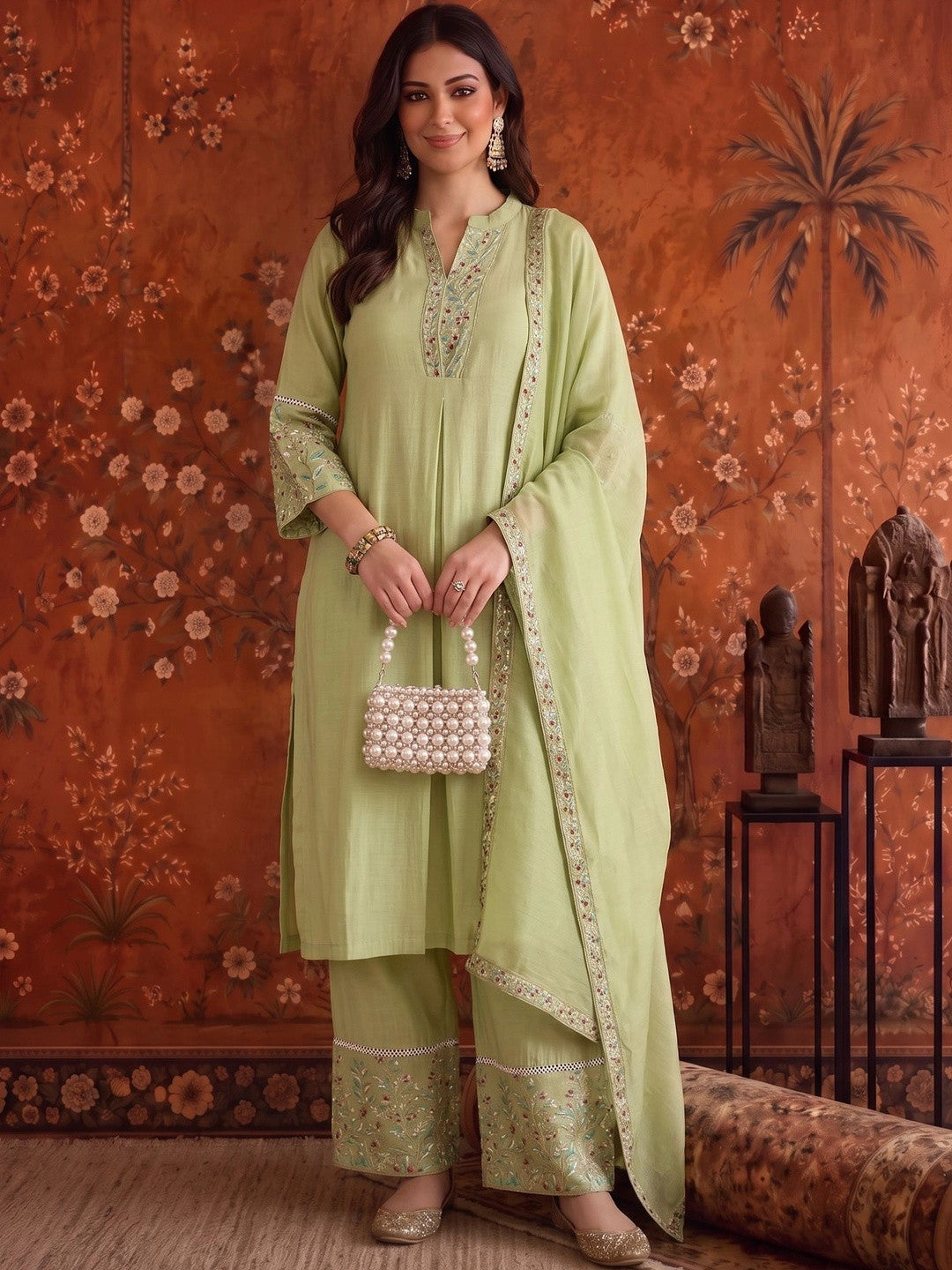 Dhiyona SN Embroidered Mandarin Collar Kurta & Trousers With Dupatta