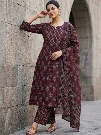 Women Ethnic Motifs Printed Regular Pure Cotton Kurta with Trousers & With Dupatta