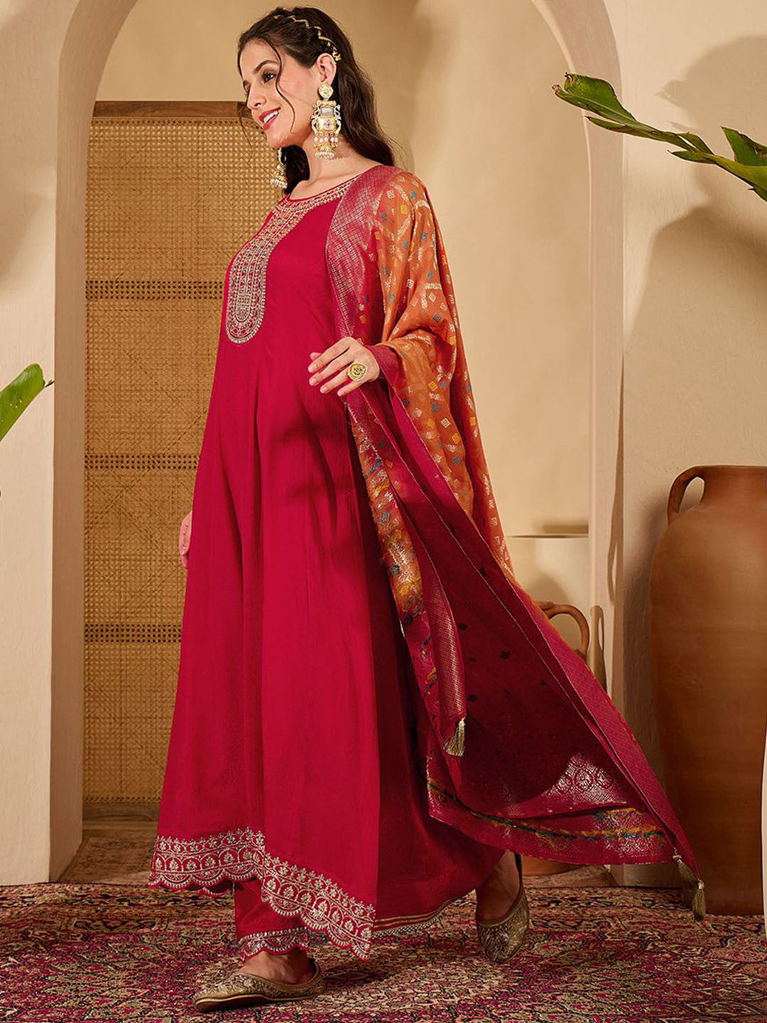Floral Yoke Design Panelled Zari Anarkali Kurta With Trouser And Dupatta