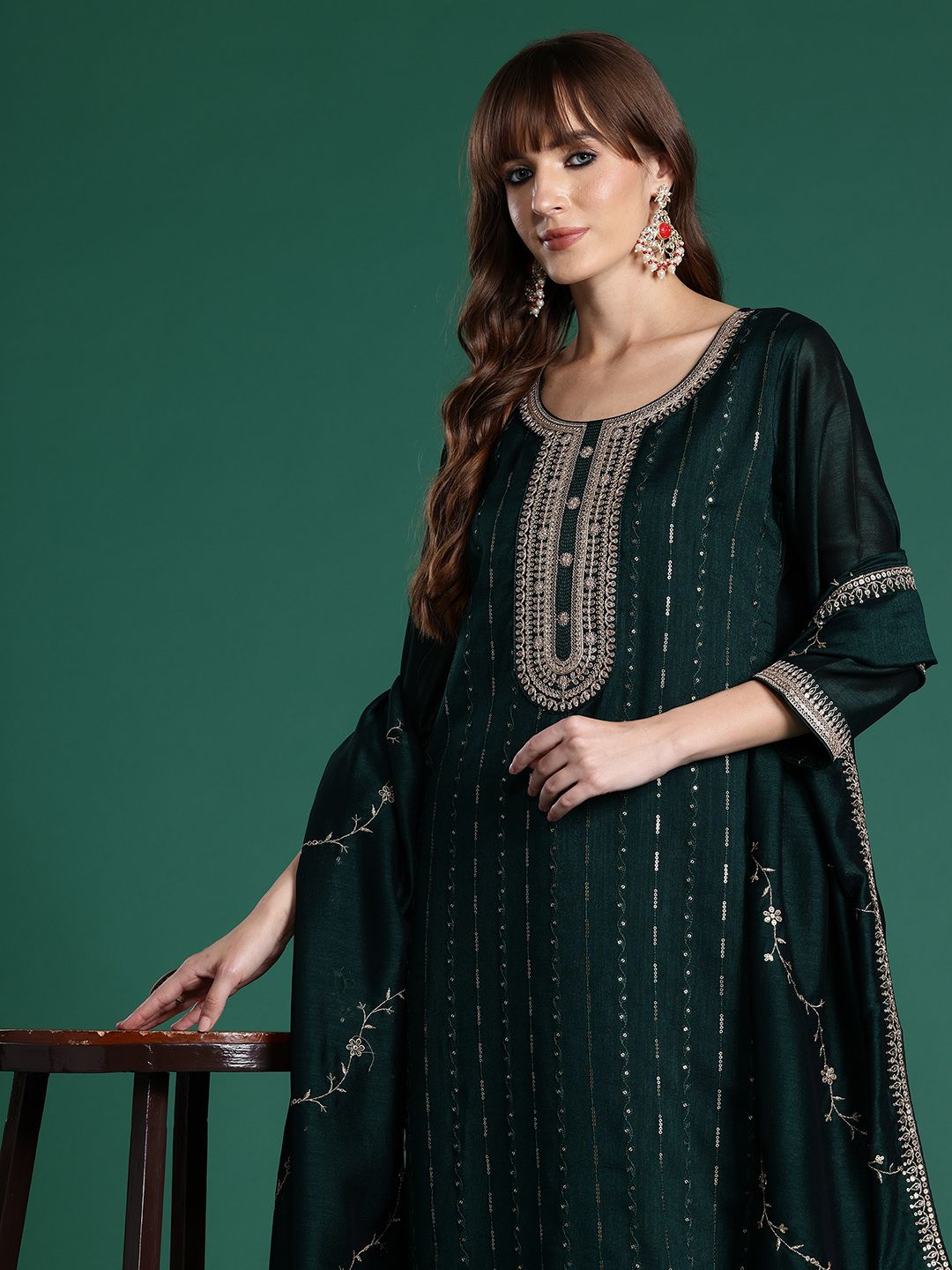 Dhiyona IE Ethnic Motifs Embroidered Sequinned Kurta with Trousers & With Dupatta