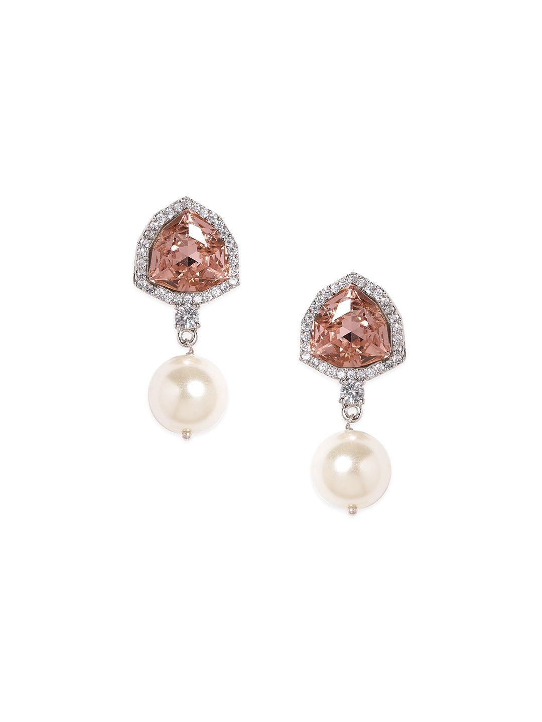 Dhiyona RJ Women's Silver Plated Peach Sapphire and Pearl Drop Earrings Elegant Jewelry