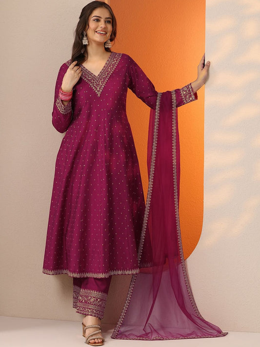 Women Panelled Thread Work Kurta with Trousers & With Dupatta