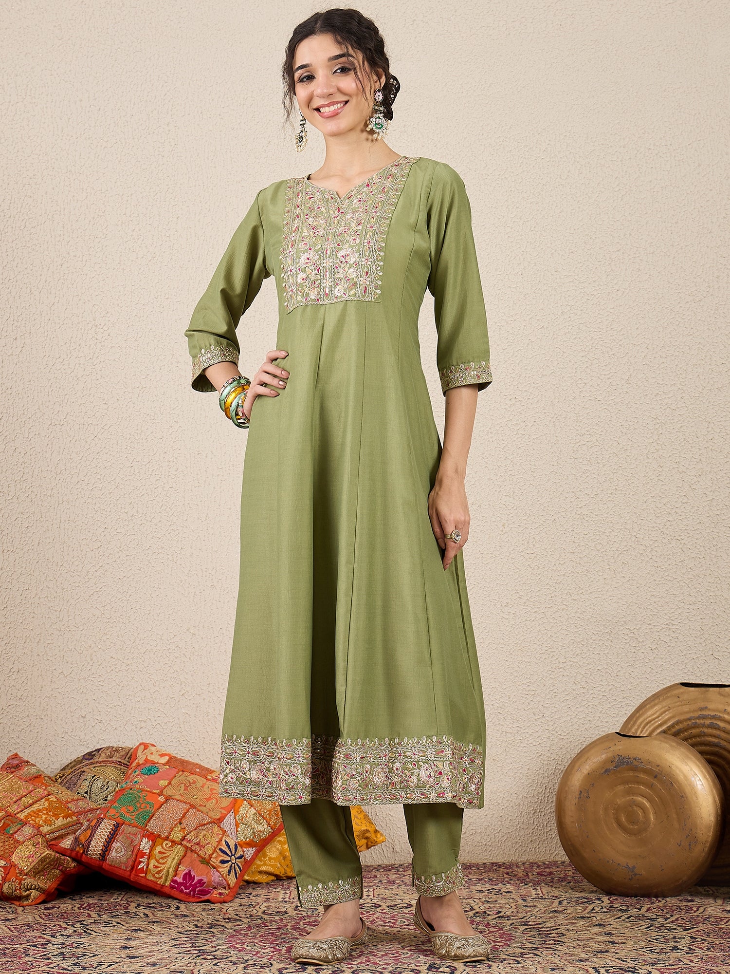 Dhiyona VV Rudrani Pista Silk Blend Anarkali Kurta with Trousers & Dupatta Suits