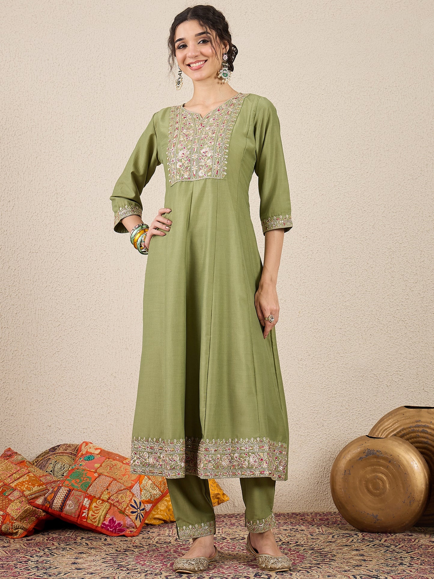 Dhiyona VV Rudrani Pista Silk Blend Anarkali Kurta with Trousers & Dupatta Suits