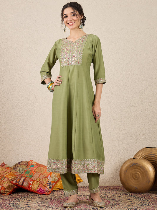 Dhiyona VV Rudrani Pista Silk Blend Anarkali Kurta with Trousers & Dupatta Suits