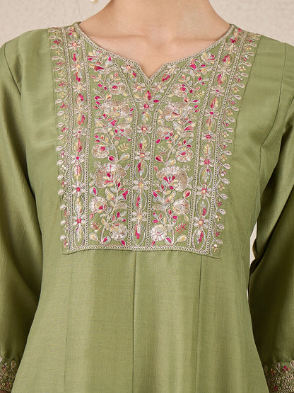 Dhiyona VV Rudrani Pista Silk Blend Anarkali Kurta with Trousers & Dupatta Suits