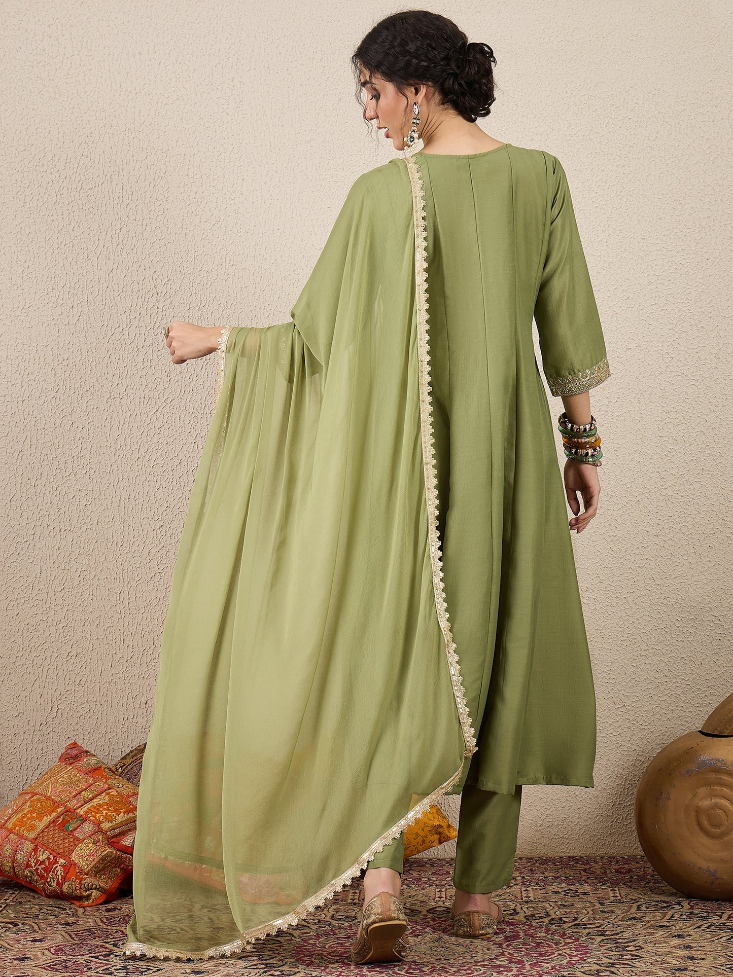 Dhiyona VV Rudrani Pista Silk Blend Anarkali Kurta with Trousers & Dupatta Suits