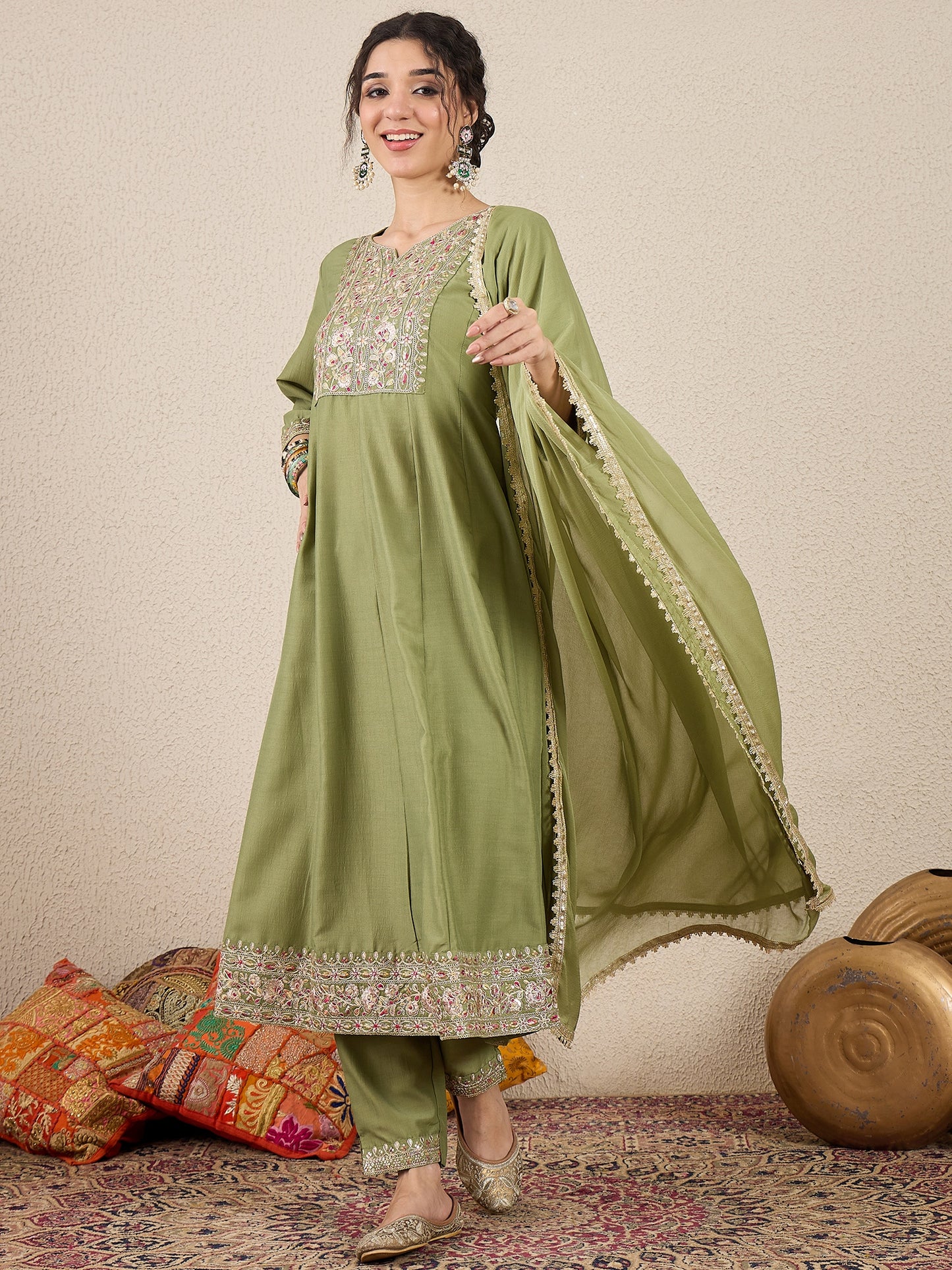 Dhiyona VV Rudrani Pista Silk Blend Anarkali Kurta with Trousers & Dupatta Suits