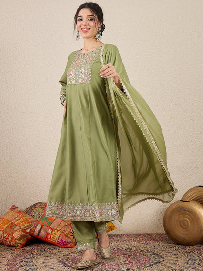 Dhiyona VV Rudrani Pista Silk Blend Anarkali Kurta with Trousers & Dupatta Suits
