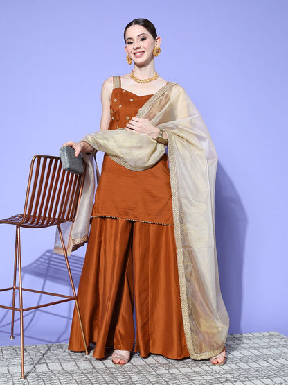 Dhiyona IN Women Rust Ethnic Motifs Embroidered Regular Kurta with Palazzos & With Dupatta