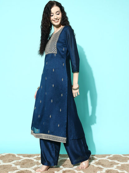 Dhiyona SN Geometric Embroidered Yoke Sequined Straight Kurta & Palazzo With Dupatta