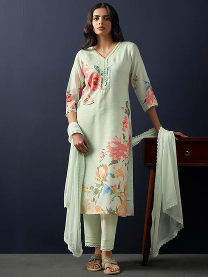 Floral Printed Regular Linen Straight Kurta With Trousers & Dupatta