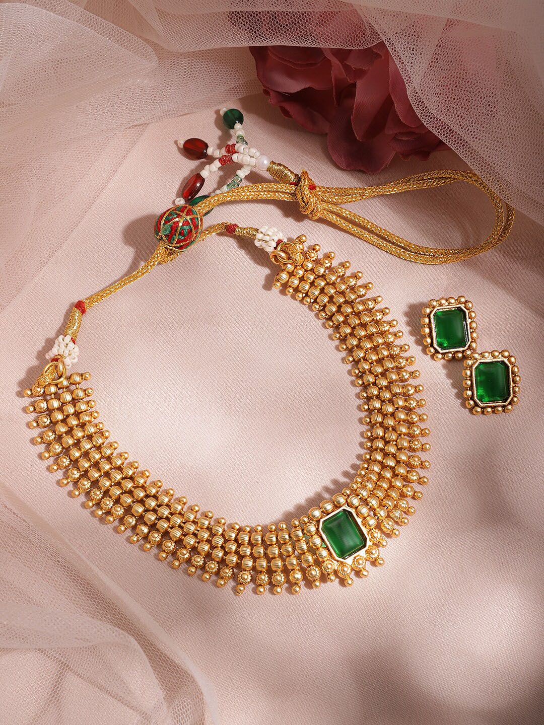 Dhiyona RJ Women's 22K Gold-Plated Emerald Green Stone Studded Choker Necklace Set with Gold Beads