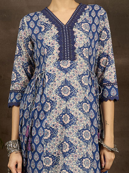 Dhiyona IE Floral Printed V-Neck Pure Cotton A-Line Kurta With Trousers