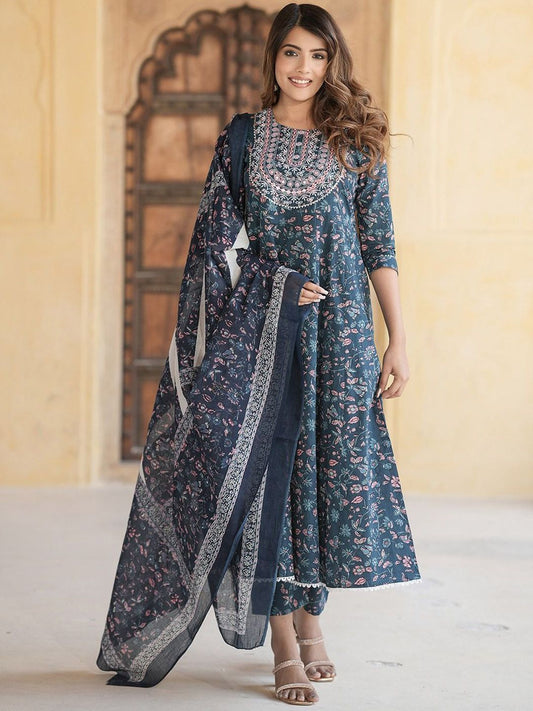 Dhiyona KL Floral Embroidered Thread Work Pure Cotton Anarkali Kurta With Trousers & Dupatta