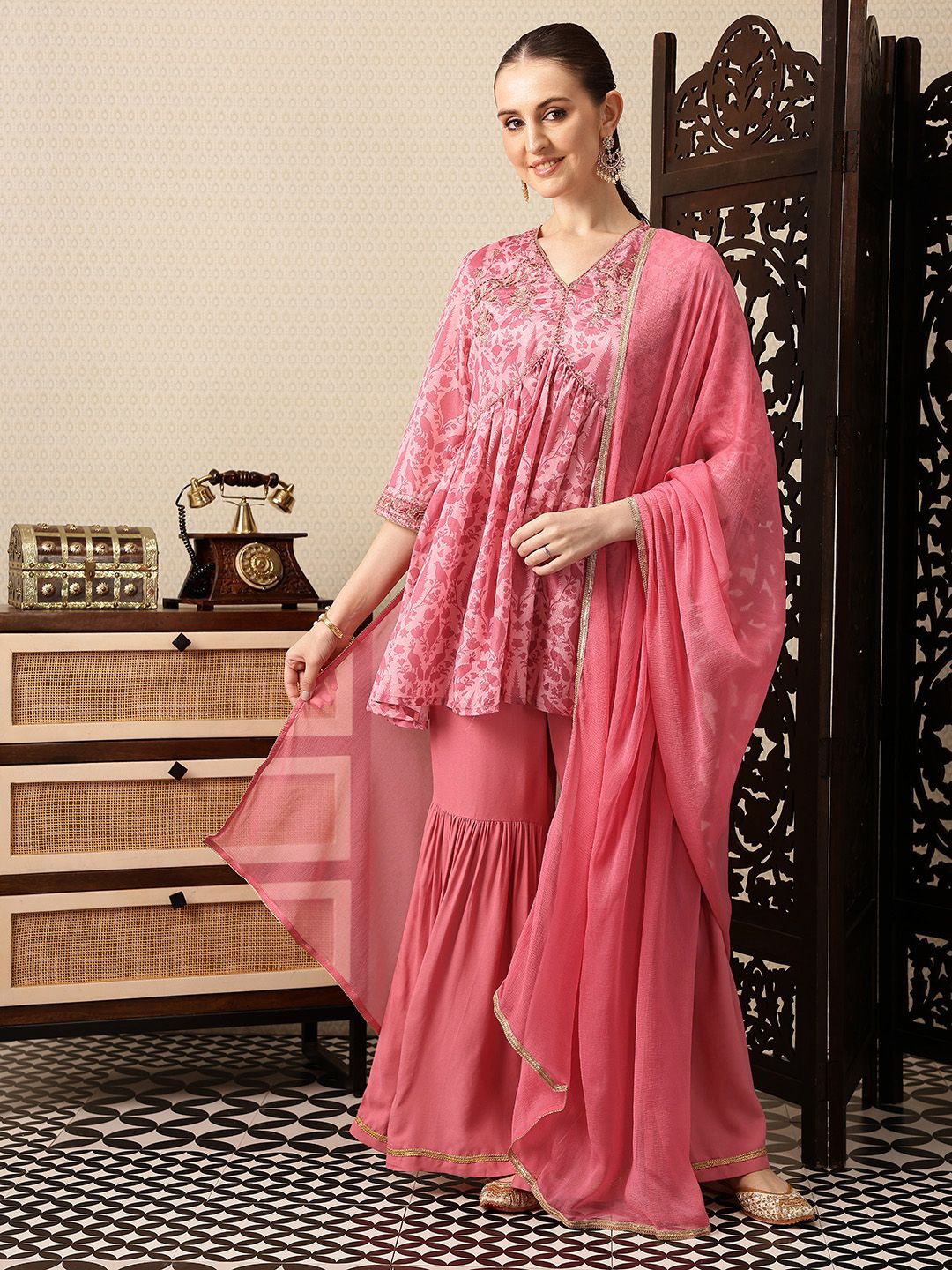 Dhiyona HOP Floral Printed Sequinned Gathered Jashn Kurti With Sharara & Dupatta