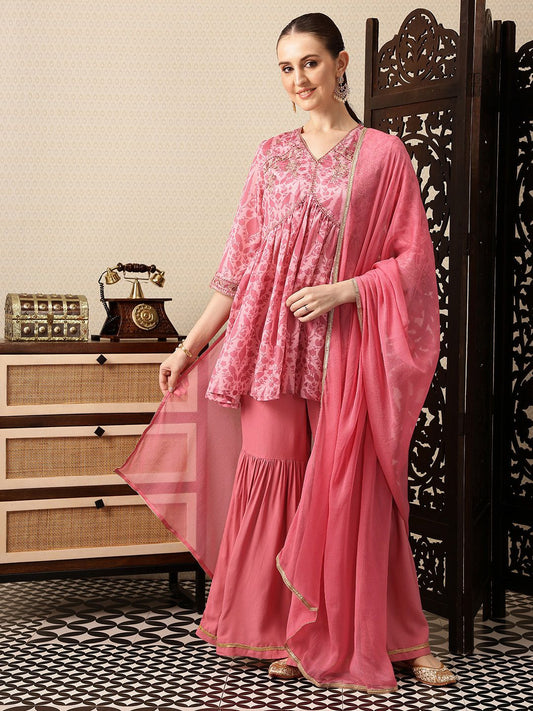 Dhiyona HOP Floral Printed Sequinned Gathered Jashn Kurti With Sharara & Dupatta