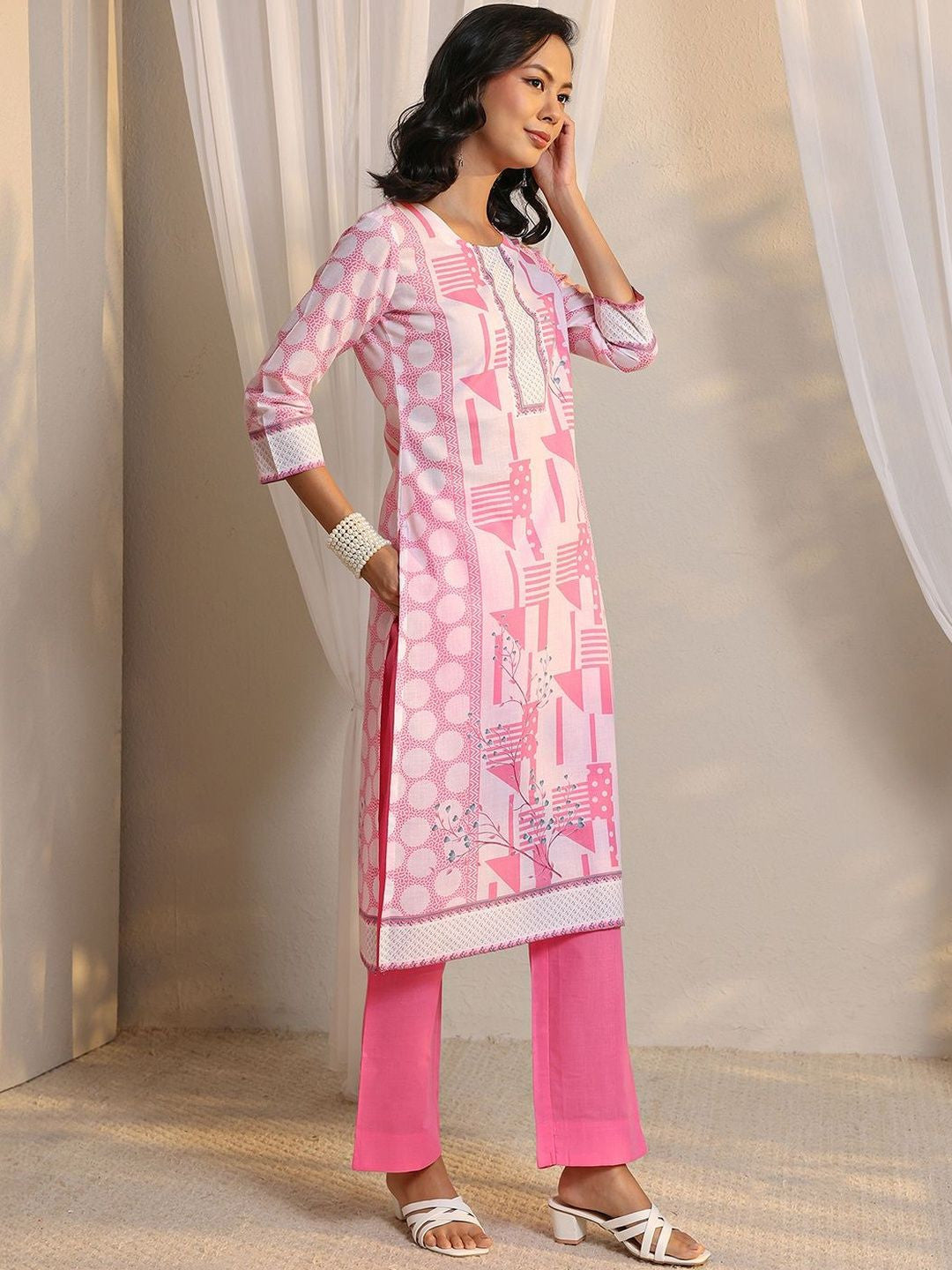 Libas Pink Geometric Printed Straight Suit Set with Dupatta
