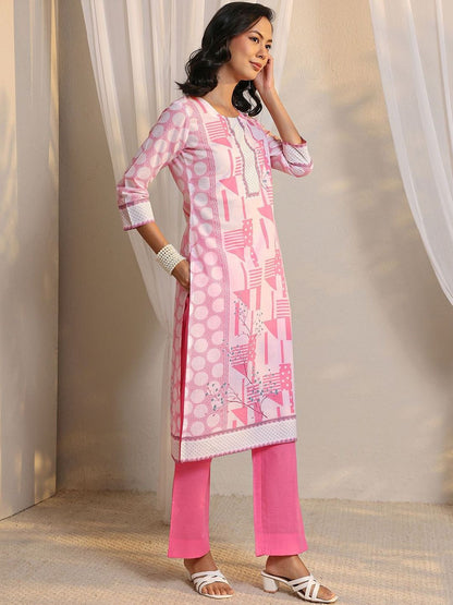 Libas Pink Geometric Printed Straight Suit Set with Dupatta