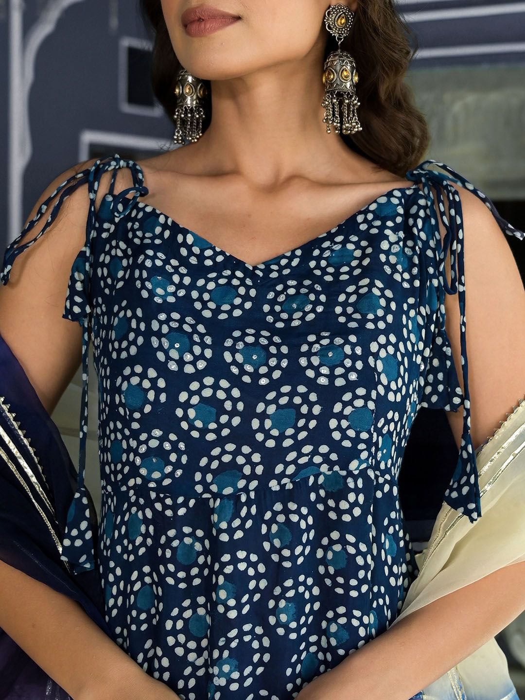 Dhiyona KL Ethnic Motifs Printed Shoulder Straps Anarkali Kurta & Trousers With Dupatta