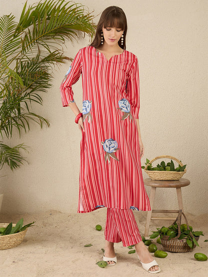 Women Solid V-Neck Regular Kurta with Trousers