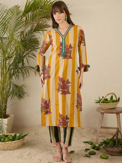 Women Tribal Striped Regular Pure Cotton Kurtas & Trousers With Dupatta