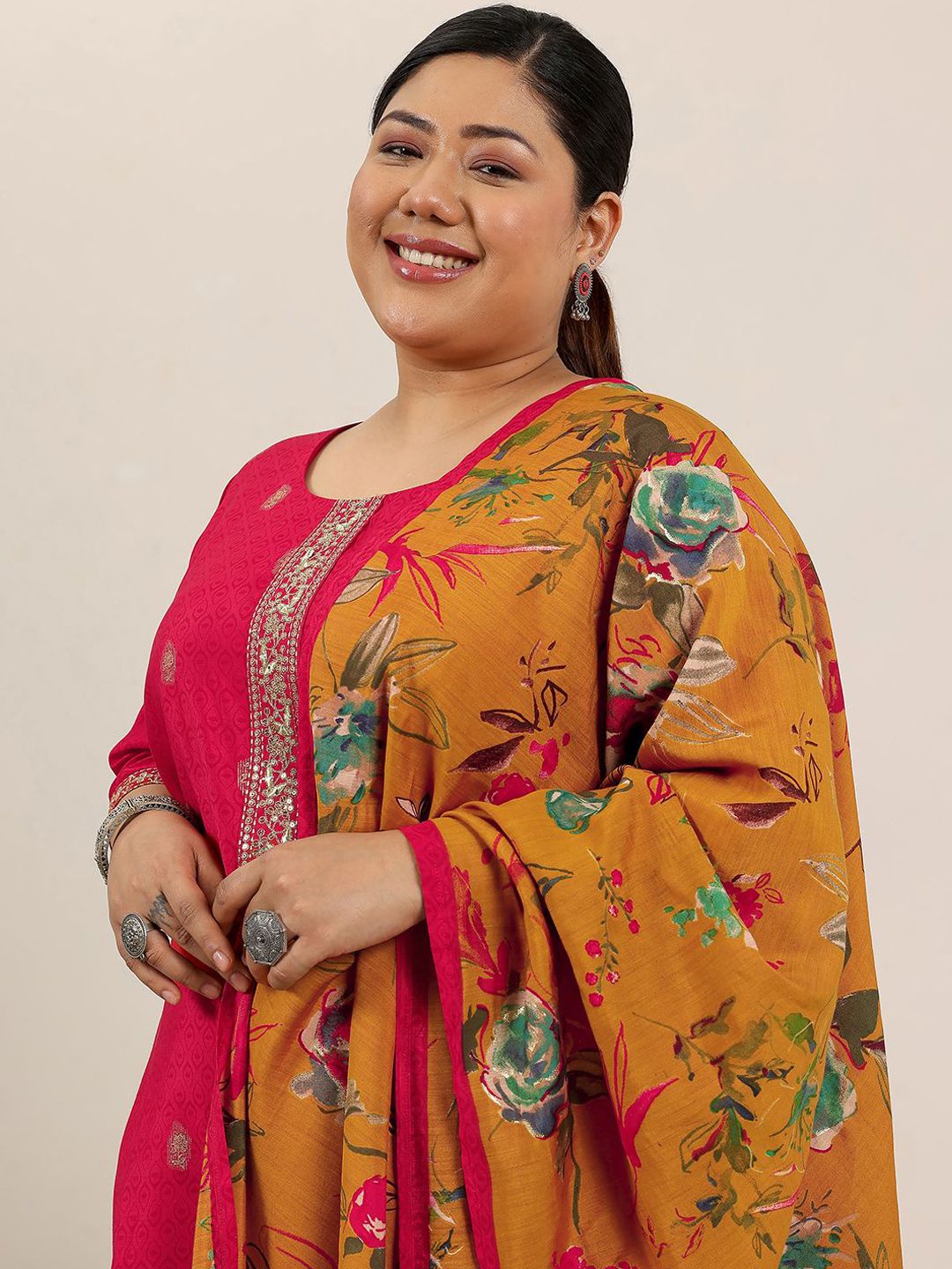 Dhiyona Women's Plus Size Ethnic Motifs Printed Sequinned Kurta With Salwar & Dupatta