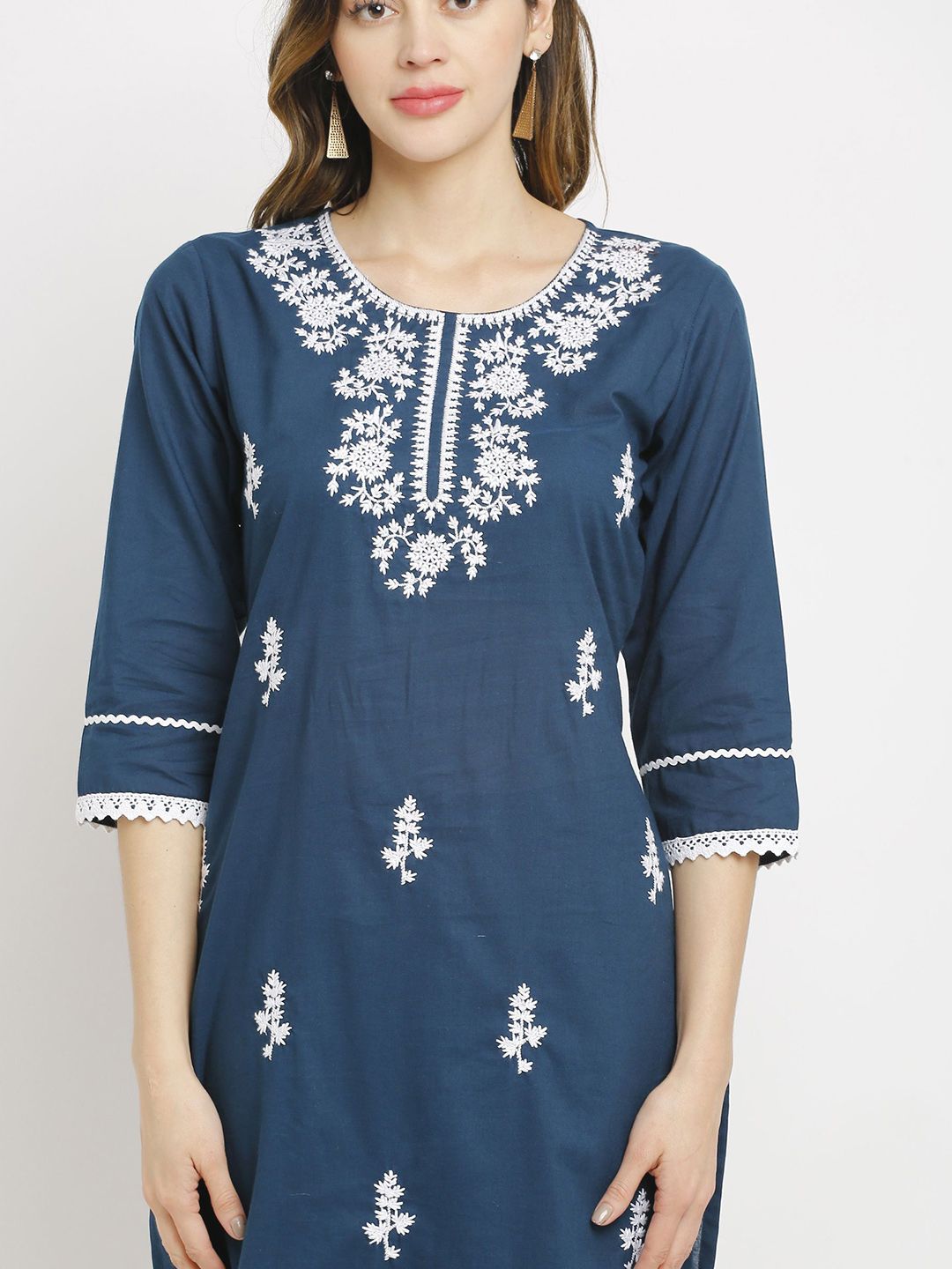 Dhiyona KL Floral Embroidered Pure Cotton Straight Kurta with Trousers & Dupatta
