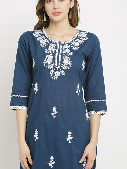 Dhiyona KL Floral Embroidered Pure Cotton Straight Kurta with Trousers & Dupatta