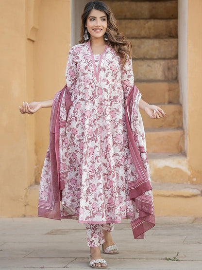 Dhiyona KL Floral Printed Regular Thread Work Pure Cotton Kurta with Trousers & Dupatta