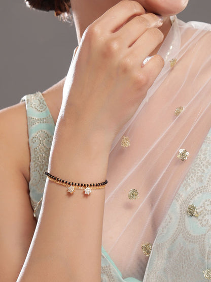 Dhiyona RJ Women's 18K Gold-Plated Zirconia Drops with Black & Gold Beaded Mangalsutra Bracelet