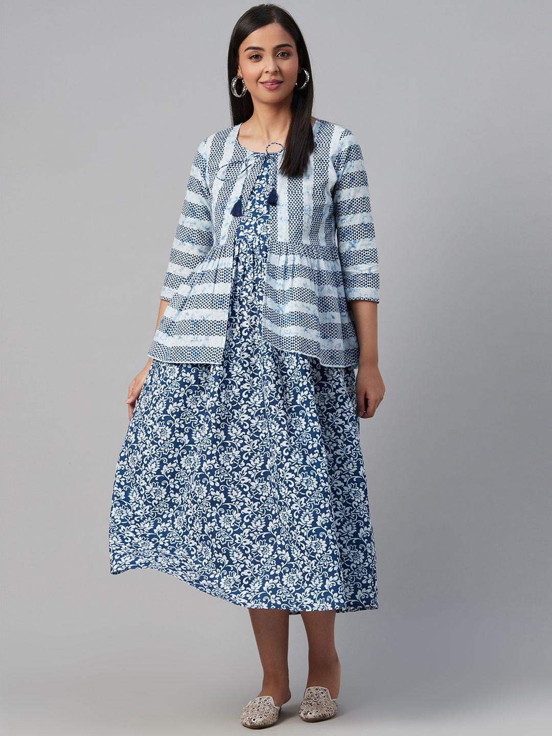 Dhiyona AY Women's Blue & White Ethnic Motifs Printed Cotton Maternity A-Line Dress with Ethnic Jacket
