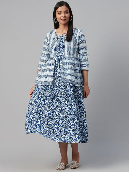 Dhiyona AY Women's Blue & White Ethnic Motifs Printed Cotton Maternity A-Line Dress with Ethnic Jacket