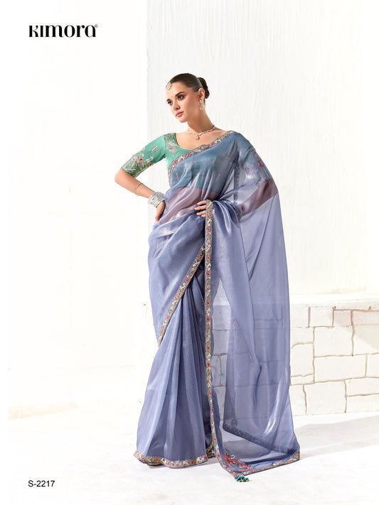 Dhiyona KM Women Premium Blue Organza Saree With Embroidered Green Blouse