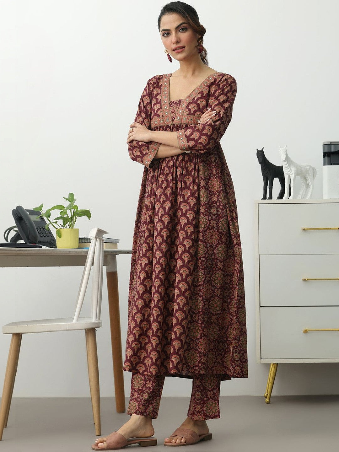 Women Ethnic Motifs Printed Empire Mirror Work Kurta with Trousers