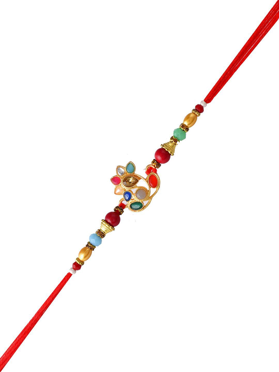 Dhiyona Red Beaded Embellished Rakhi With Roli Chawal & Greeting Card