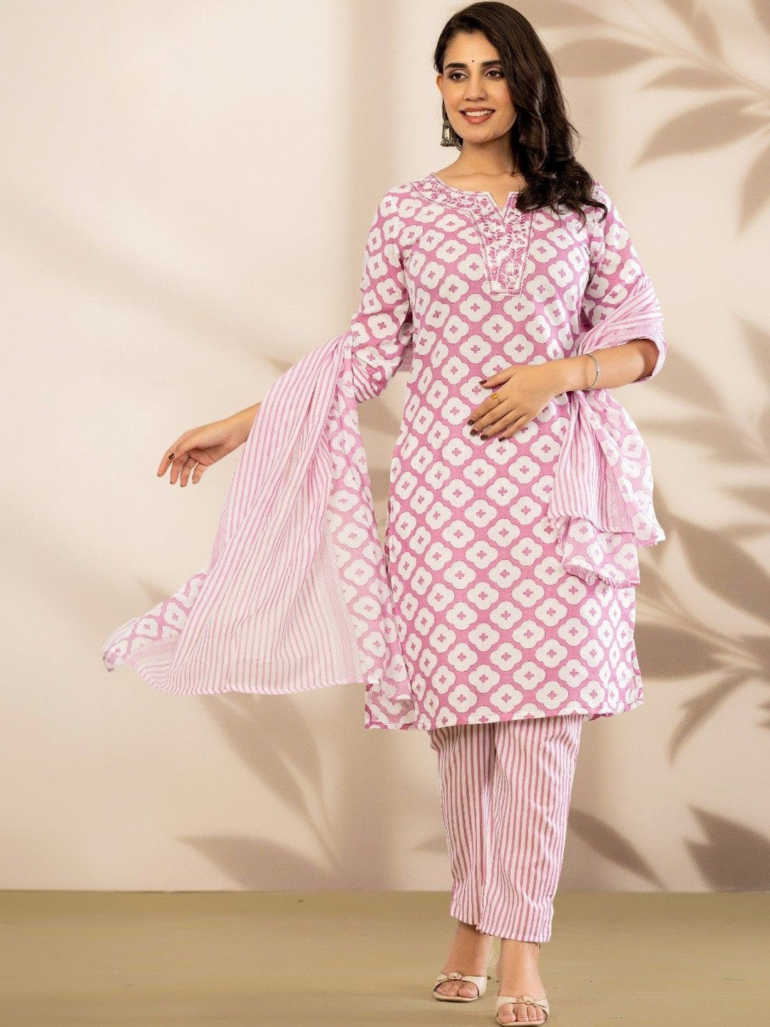 Women Ethnic Motifs Printed Regular Thread Work Pure Cotton Kurta with Trousers & With Dupatta