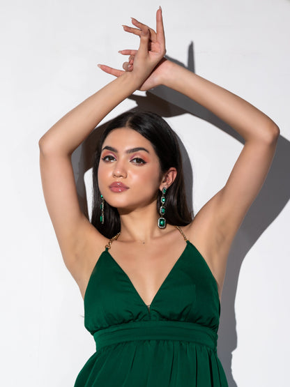 Dhiyona ST Women's Metal Strap Korean Emerald Dress Set with Satin Organza Cape 2 Piece Set | A-Line, V Neck, Sleeveless, Partywear, (Satin Organza)