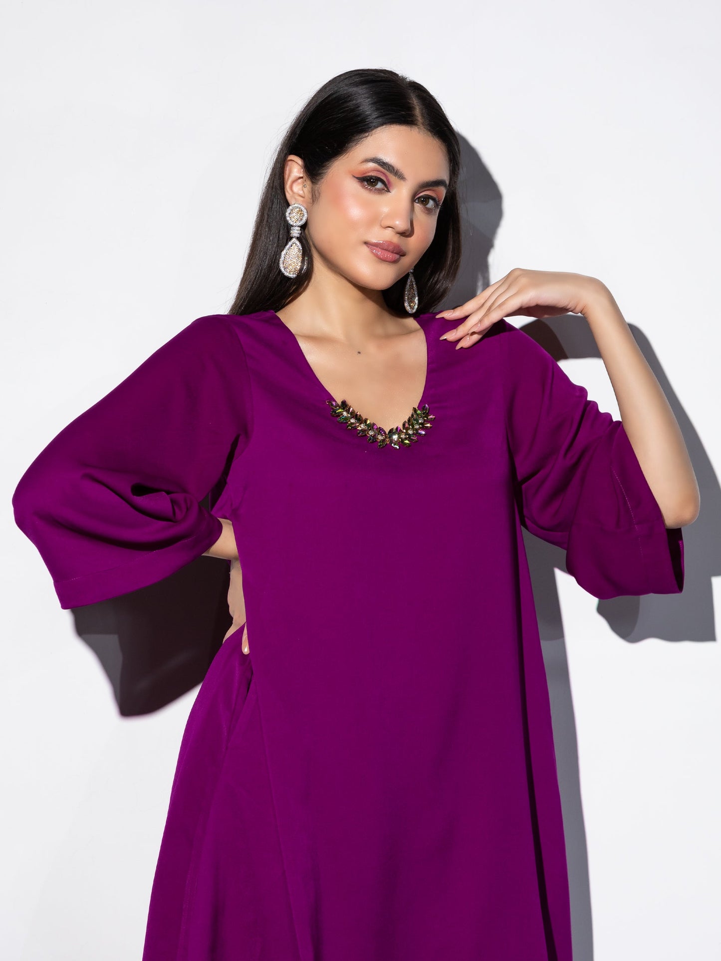 Dhiyona ST Women's Rule Breaker Korean Fabric Kurta Set with Glass Beads and Pants 2 Piece Set | Straight Fit, Round Neck, 3/4 Sleeves, Pants, Festive Wear, (Korean Fabric)
