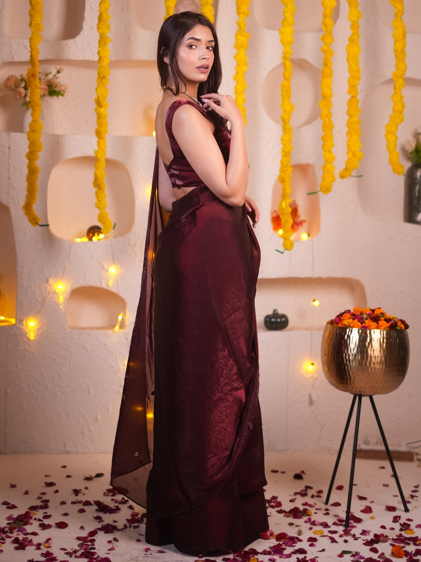 Dhiyona ST Deep Maroon Metallic Satin Saree With Bronze Sequins And Blouse Fabric