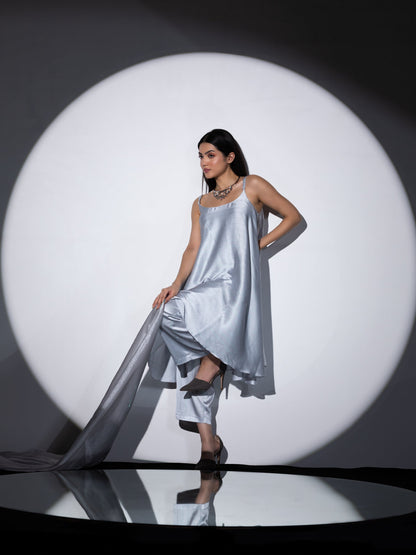 Dhiyona ST Women's Grey Stripe Satin Dress with Pants and Organza Chiffon Dupatta 3 Piece Set | Straight Fit, Round Neck, Sleeveless, Pants, Partywear, (Satin Chiffon)