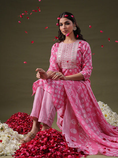 Dhiyona IE Pink Floral Printed Straight Pure Cotton Kurta With Trousers & Dupatta