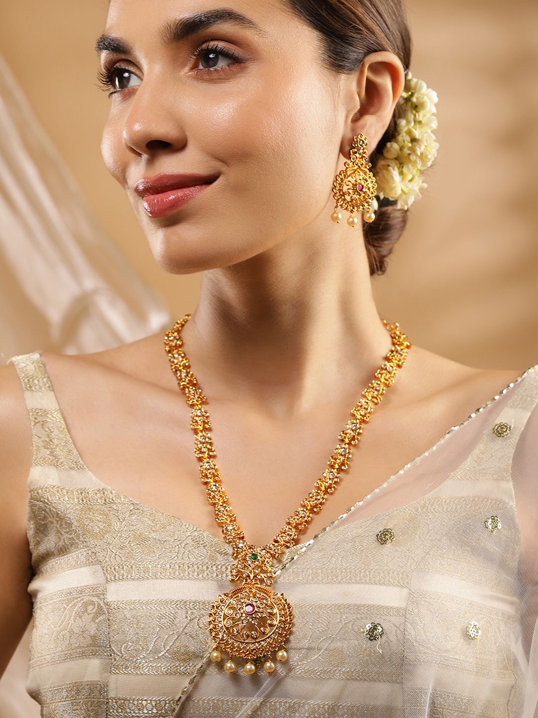 Dhiyona RJ Women's 24K Gold Plated Ruby Emerald & CZ Studded Pearl Beaded Temple Jewellery Set