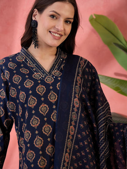 Ethnic Motifs Printed V Neck Pure Cotton Straight Kurta With Trouser & Dupatta