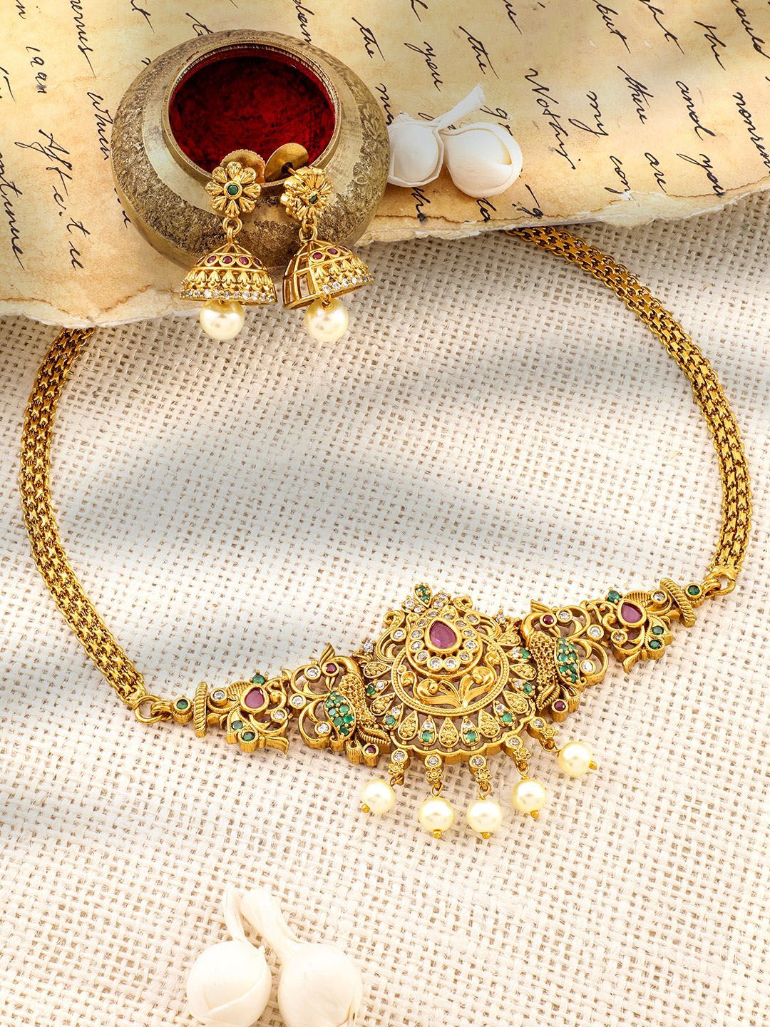 Dhiyona RJ Women's 22K Gold-Plated Ruby, Emerald & Cubic Zirconia Studded Choker Set with Pearl Drops