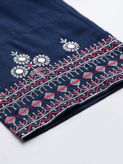 Navy Blue Women Ethnic Motifs Embroidered Regular Kurta with Trousers & With Dupatta