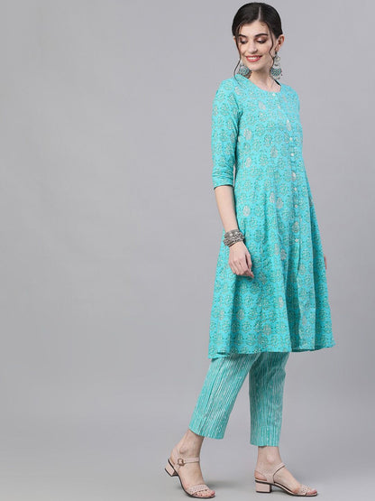 Dhiyona IS Women's Women Blue Printed Kurta with Trousers