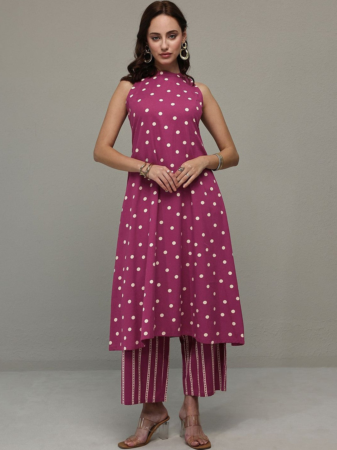 Pink Polka Dot Printed Cotton A-Line Kurta Set